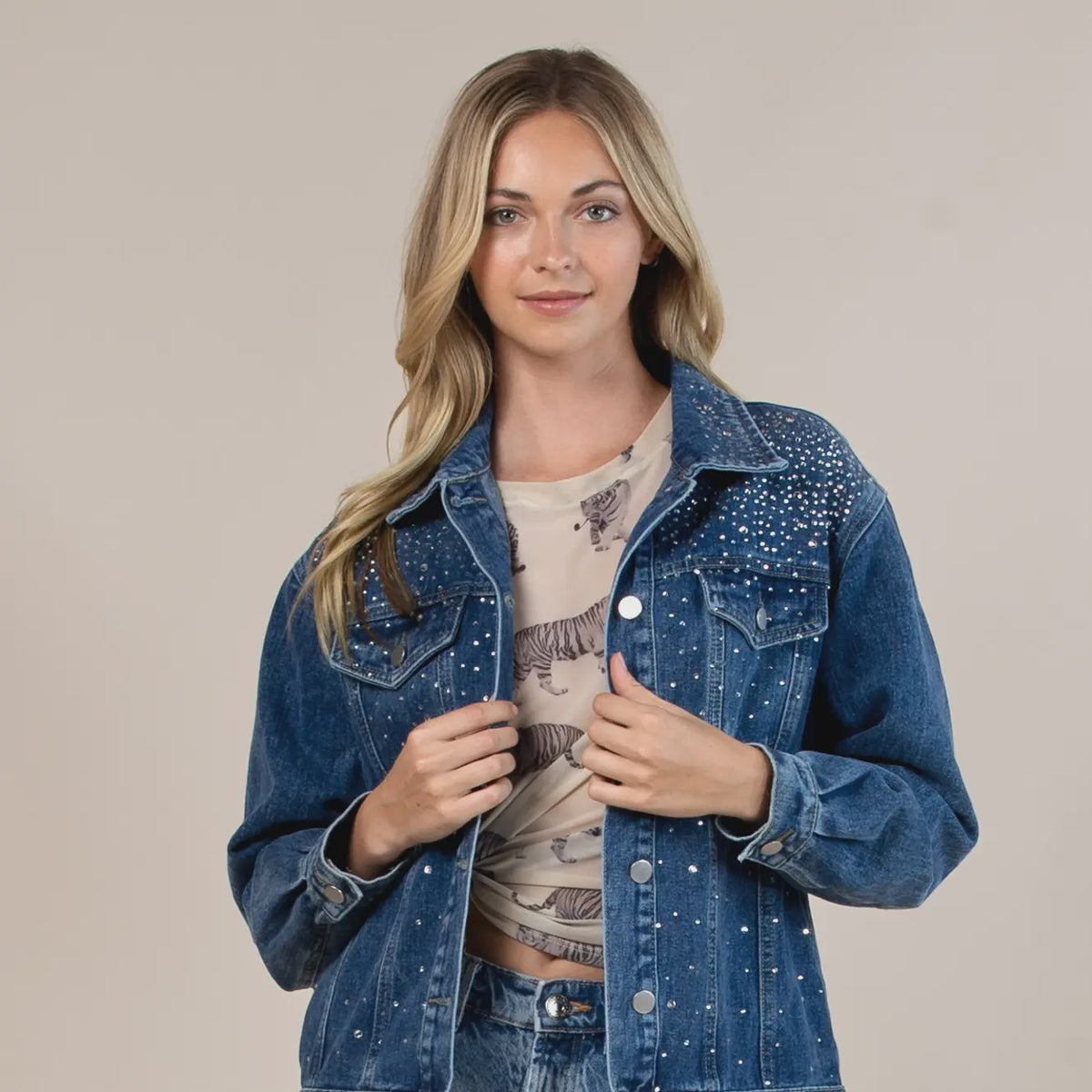 Denim Rhinestones Collared Jacket