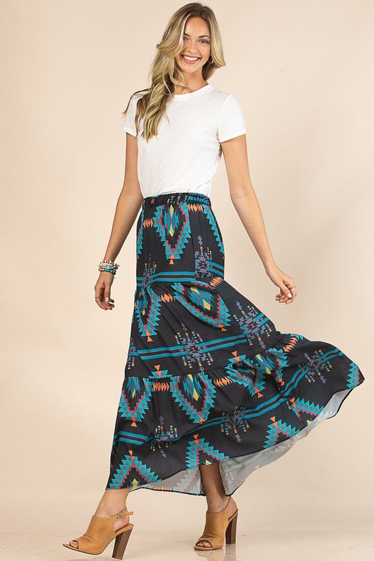 CAMERON Aztec Print Tiered Maxi Skirt