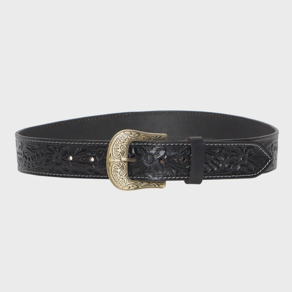 Tooled Leather Belt with Removable Buckle