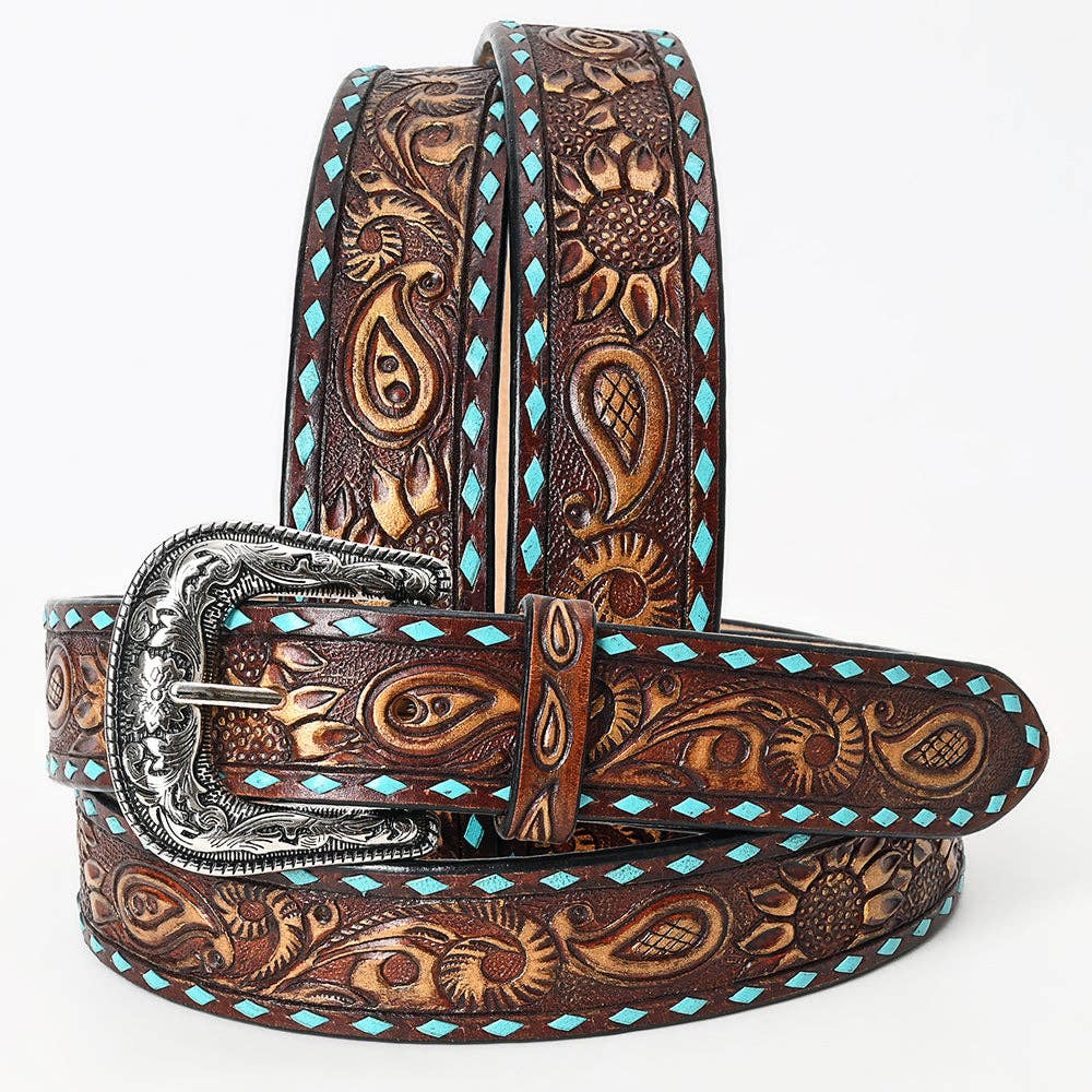 AD Tooled Belt Teal Stitch