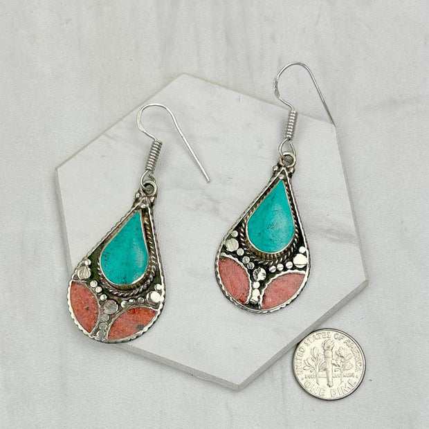 German silver turquoise & coral Earrings