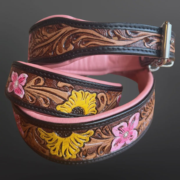 Maui Pink Tooled Western Floral Dog Collar