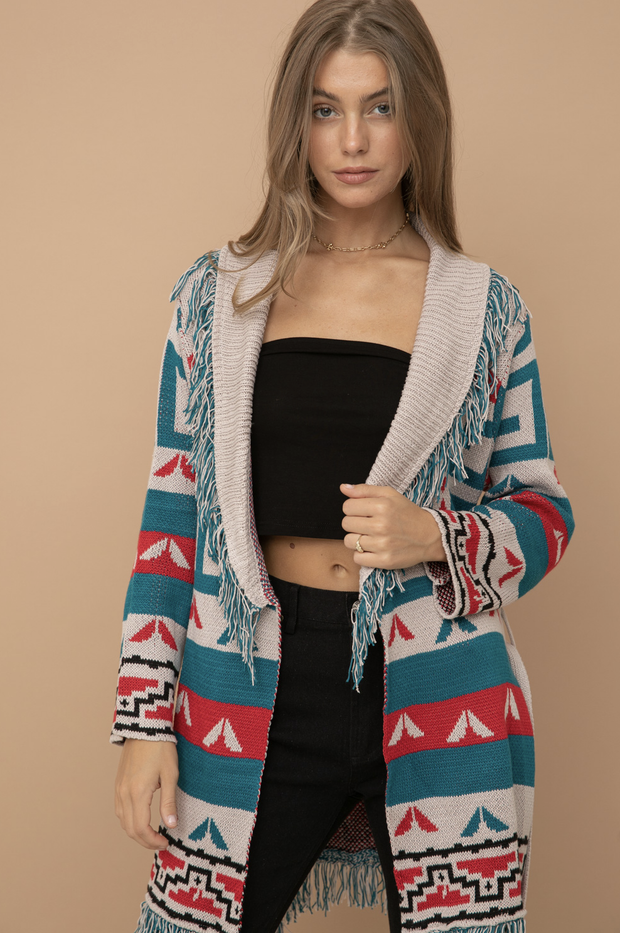 Aztec Fringe Western Tie Waist Cardigan