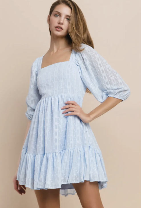 A-Line Babydoll Dress W/Back Ties Blue