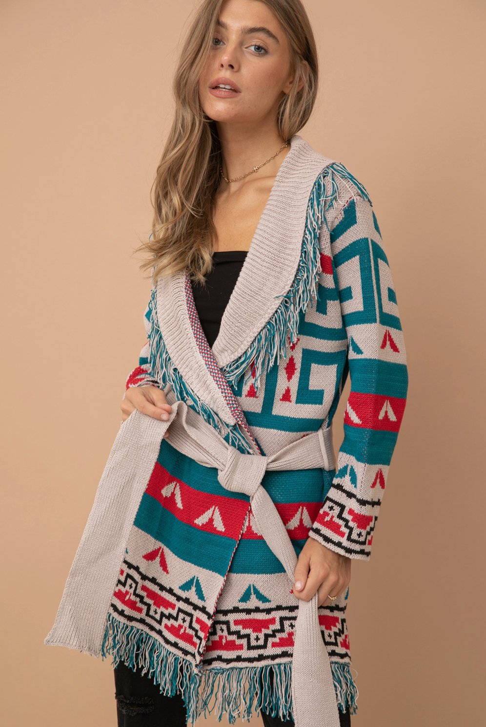 Aztec Fringe Western Tie Waist Cardigan