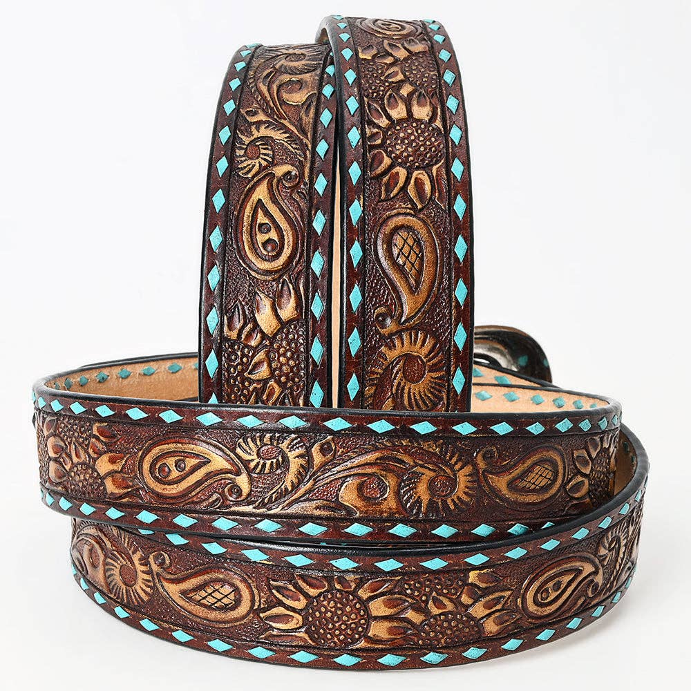 AD Tooled Belt Teal Stitch