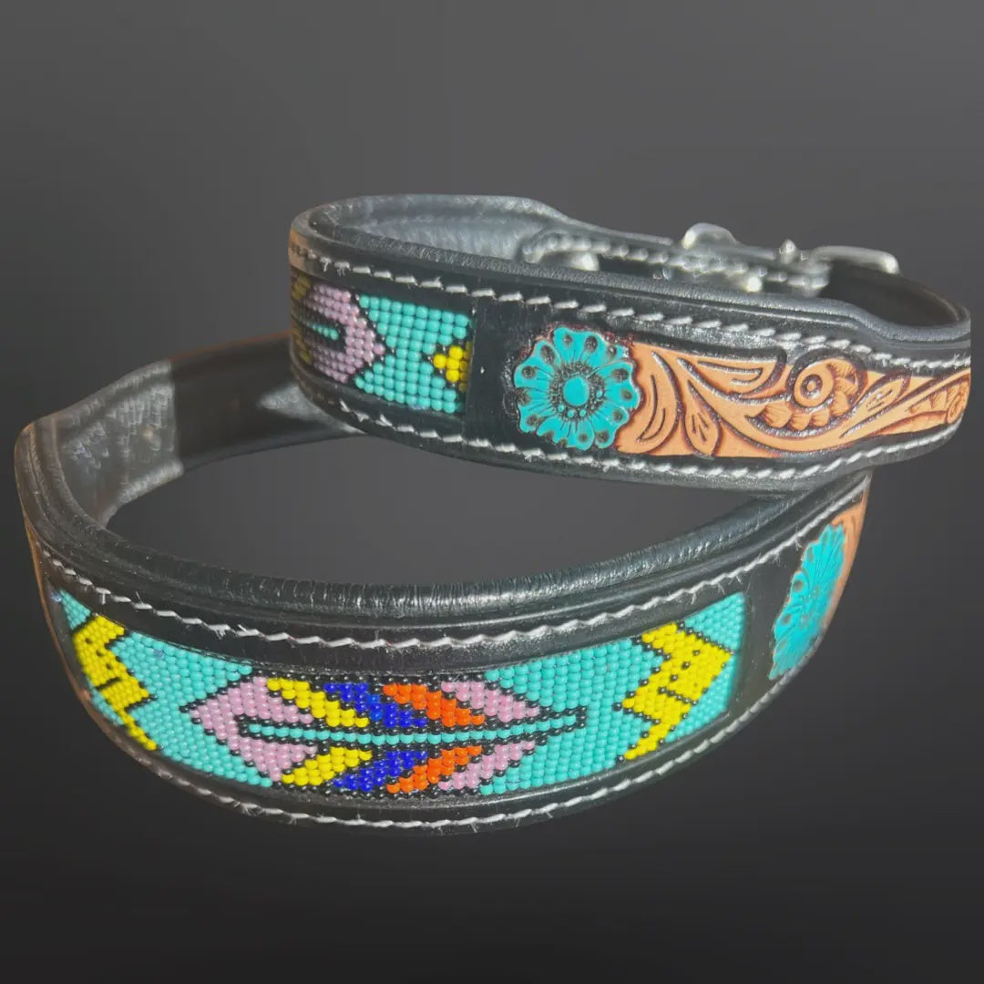 Tooled Leather Turquoise Beaded Western Dog Collar